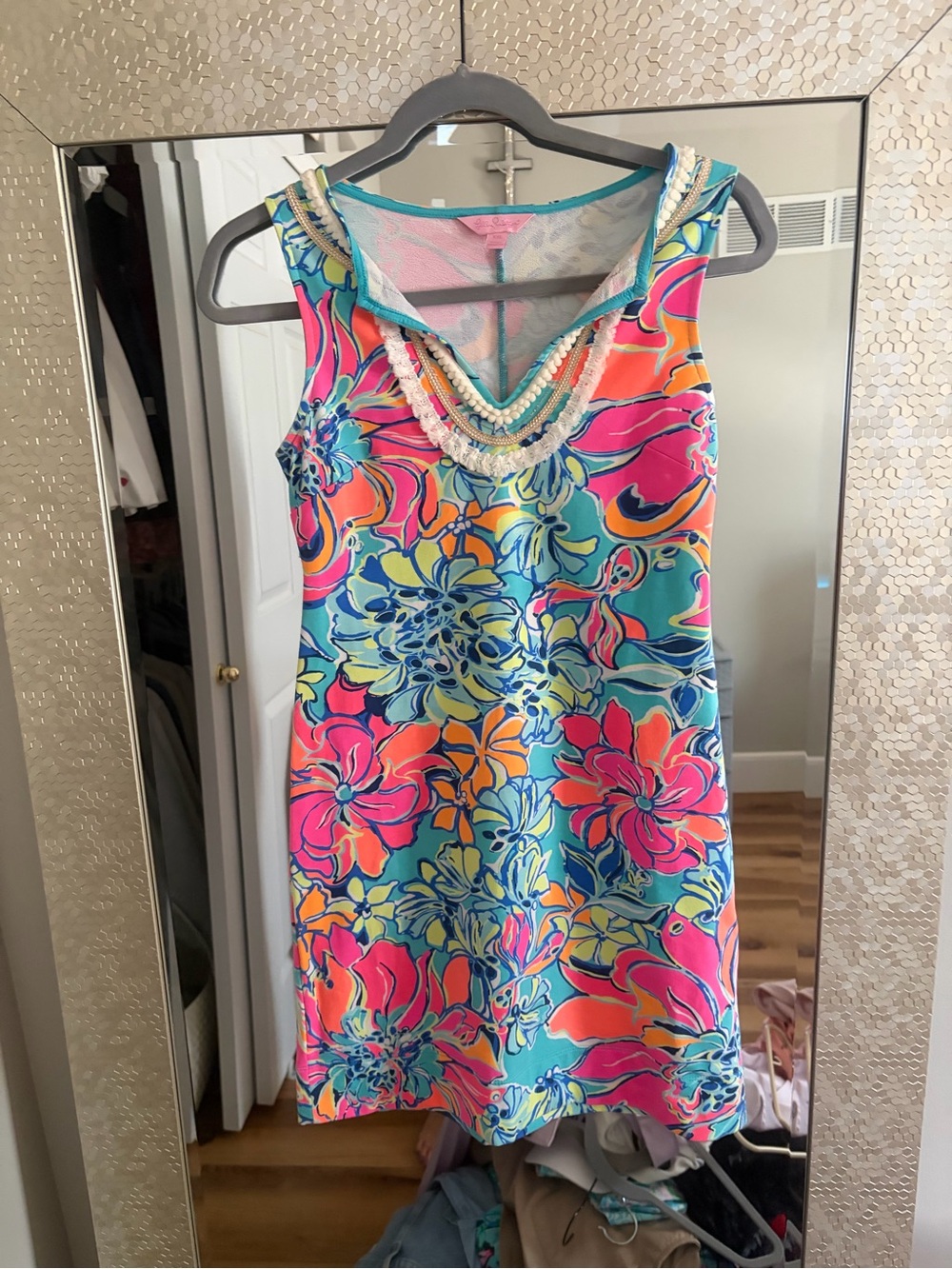 Lilly Pulitzer Aqua Multi Floral Beaded V-Neck Mini Dress